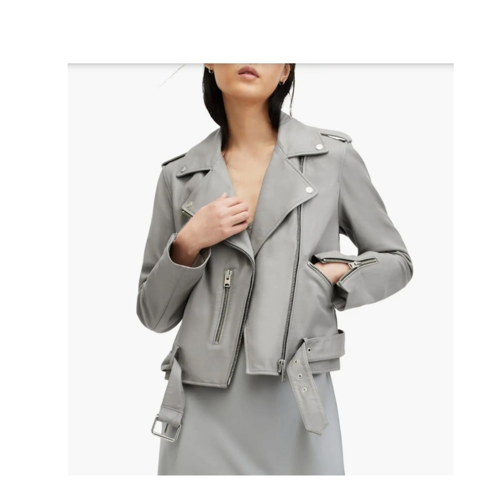 All Saints Balfern Moto Leather Jacket In Cement Grey
